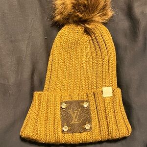 NEW Upcycled Louis Vuitton LV patch tan knit beanie